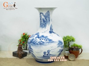 Bình tỏi men chàm cổ vẽ Tùng Lộc, cao 46cm