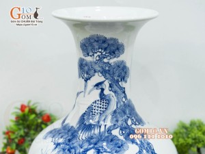 Bình tỏi men chàm cổ vẽ Tùng Lộc, cao 46cm