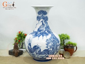 Bình tỏi men chàm cổ vẽ Tùng Lộc, cao 46cm