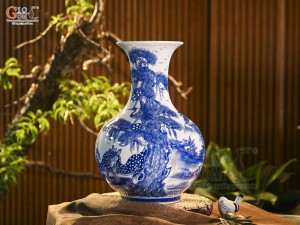 Bình tỏi men trắng vẽ Tùng Lộc Sơn Thủy, cao 52cm