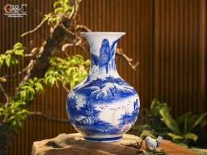 Bình tỏi men trắng vẽ Tùng Lộc Sơn Thủy, cao 52cm