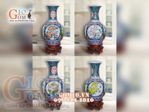 Bình tỏi trắng vẽ Tứ Cảnh màu, cao 56cm