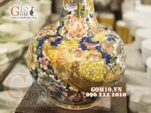Bình tỏi vẽ Vàng cao cấp men rong cổ vẽ Công Hoa Phú Quý, cao 55cm