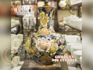 Bình tỏi vẽ Vàng cao cấp men rong cổ vẽ Công Hoa Phú Quý, cao 55cm