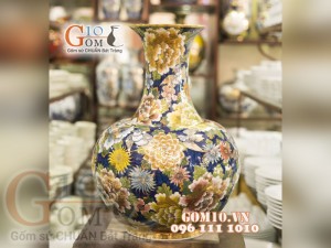 Bình tỏi vẽ Vàng cao cấp men rong cổ vẽ Công Hoa Phú Quý, cao 55cm