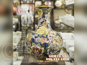 Bình tỏi vẽ Vàng cao cấp men rong cổ vẽ Công Hoa Phú Quý, cao 55cm