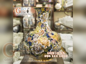 Bình tỏi vẽ Vàng cao cấp men rong cổ vẽ Công Hoa Phú Quý, cao 55cm