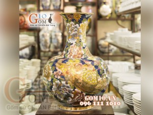 Bình tỏi vẽ Vàng cao cấp men rong cổ vẽ Công Hoa Phú Quý, cao 55cm