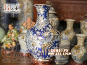 Bình tỏi vẽ Vàng cao cấp men rong cổ vẽ Long Phụng Sum Vầy, cao 60cm