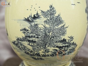 Bình trứng phong thủy men cổ họa tiết Sơn Thủy Hữu Tình, cao 45cm (cả đế)