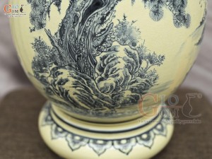 Bình trứng phong thủy men cổ họa tiết Sơn Thủy Hữu Tình, cao 45cm (cả đế)
