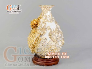Bình tỳ bà Công Đào đắp nổi vẽ vàng 24k, nền trắng- cao 40cm
