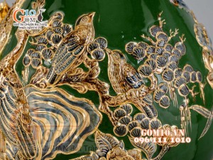 Bình tỳ bà Công Đào đắp nổi vẽ vàng 24k, nền xanh - cao 40cm