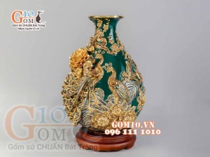 Bình tỳ bà Công Đào đắp nổi vẽ vàng 24k, nền xanh lục bảo - cao 40cm