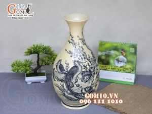 Bình tỳ bà men cổ họa tiết Trĩ Đào, cao 40cm