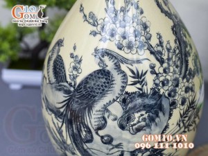 Bình tỳ bà men cổ họa tiết Trĩ Đào, cao 40cm