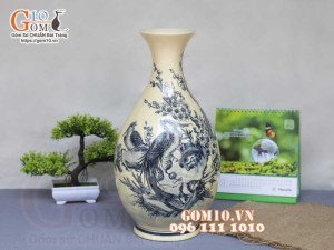 Bình tỳ bà men cổ họa tiết Trĩ Đào, cao 40cm