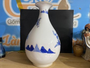 Bình tỳ bà men lam cổ vẽ cảnh Chim Trĩ Hoa Ngọc Lan, vẽ vàng 24k cao 42cm