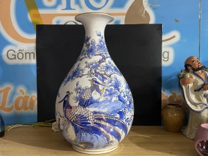 Bình tỳ bà men lam cổ vẽ cảnh Chim Trĩ Hoa Ngọc Lan, vẽ vàng 24k cao 42cm