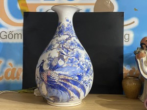 Bình tỳ bà men lam cổ vẽ cảnh Chim Trĩ Hoa Ngọc Lan, vẽ vàng 24k cao 42cm