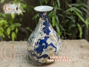 Bình tỳ bà men lam vẽ Bách Hạc cao 42cm - vẽ vàng