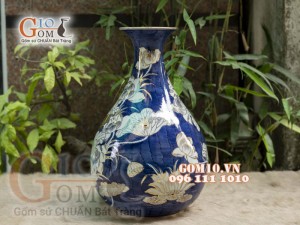 Bình tỳ bà men lam vẽ Bách Hạc cao 42cm - vẽ vàng