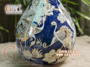 Bình tỳ bà men lam vẽ Bách Hạc cao 42cm - vẽ vàng