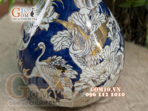 Bình tỳ bà men lam vẽ Bách Hạc cao 42cm - vẽ vàng