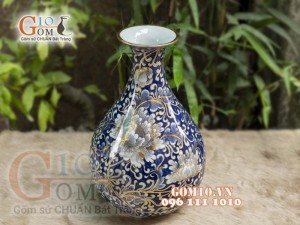 Bình tỳ bà men lam vẽ hoa dây cao 42cm - vẽ vàng