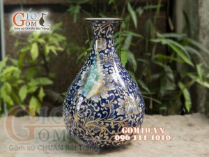 Bình tỳ bà men lam vẽ hoa dây cao 42cm - vẽ vàng