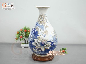 Bình tỳ bà men lam vẽ hoa Sen Phú Quý, vẽ vàng 24k, cao 42cm