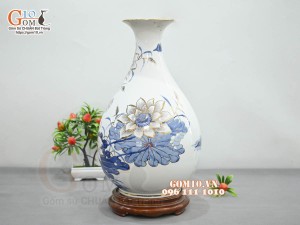 Bình tỳ bà men lam vẽ hoa Sen Phú Quý, vẽ vàng 24k, cao 42cm