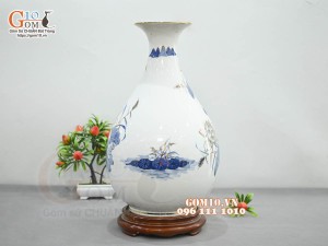 Bình tỳ bà men lam vẽ hoa Sen Phú Quý, vẽ vàng 24k, cao 42cm