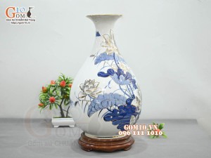 Bình tỳ bà men lam vẽ hoa Sen Phú Quý, vẽ vàng 24k, cao 42cm