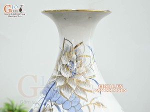 Bình tỳ bà men lam vẽ hoa Sen Phú Quý, vẽ vàng 24k, cao 42cm