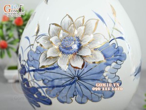 Bình tỳ bà men lam vẽ hoa Sen Phú Quý, vẽ vàng 24k, cao 42cm