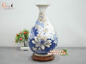 Bình tỳ bà men lam vẽ hoa Sen Phú Quý, vẽ vàng 24k, cao 42cm