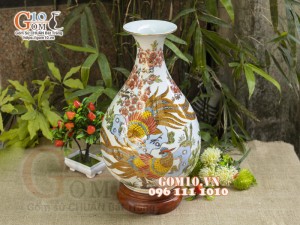 Bình tỳ bà men lam vẽ vàng 24k, cảnh Trĩ Đào Như Ý, cao 42cm