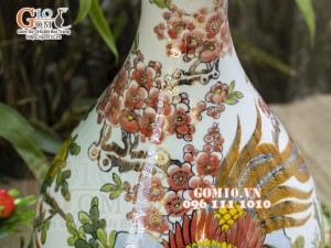 Bình tỳ bà men lam vẽ vàng 24k, cảnh Trĩ Đào Như Ý, cao 42cm