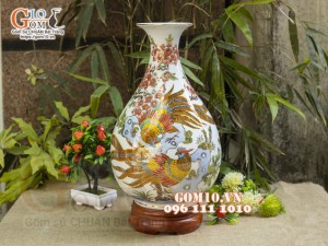 Bình tỳ bà men lam vẽ vàng 24k, cảnh Trĩ Đào Như Ý, cao 42cm