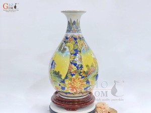 Bình tỳ bà men màu họa tiết Bách Nhi Bách Phúc vẽ vàng 24k, cao 44cm
