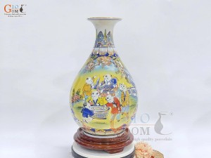 Bình tỳ bà men màu họa tiết Bách Nhi Bách Phúc vẽ vàng 24k, cao 44cm