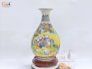 Bình tỳ bà men màu họa tiết Bách Nhi Bách Phúc vẽ vàng 24k, cao 44cm