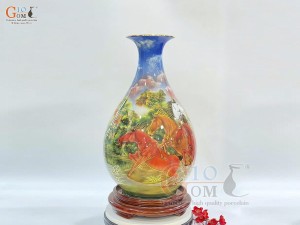 Bình tỳ bà men màu họa tiết Mã Đáo Thành Công vẽ vàng 24k, cao 44cm