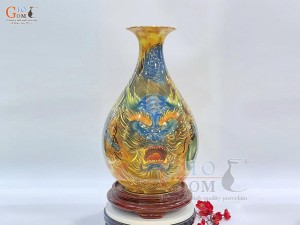 Bình tỳ bà men màu họa tiết Rồng Hỏa Châu vẽ vàng 24k, cao 44cm