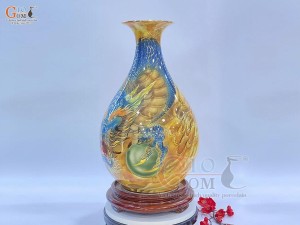 Bình tỳ bà men màu họa tiết Rồng Hỏa Châu vẽ vàng 24k, cao 44cm