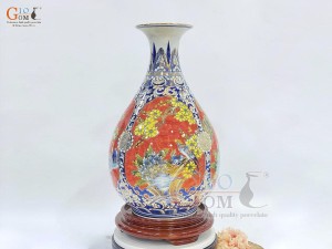 Bình tỳ bà men màu họa tiết Tứ Cảnh Bốn Mùa vẽ vàng 24k, cao 44cm