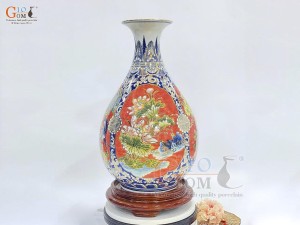 Bình tỳ bà men màu họa tiết Tứ Cảnh Bốn Mùa vẽ vàng 24k, cao 44cm