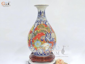 Bình tỳ bà men màu họa tiết Tứ Cảnh Bốn Mùa vẽ vàng 24k, cao 44cm