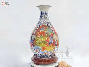 Bình tỳ bà men màu họa tiết Tứ Cảnh Bốn Mùa vẽ vàng 24k, cao 44cm